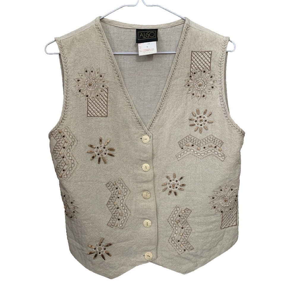 VTG Algo Embroidered Linen-Blend Vest Women's Size 10 Earth Tone Wooden Beads